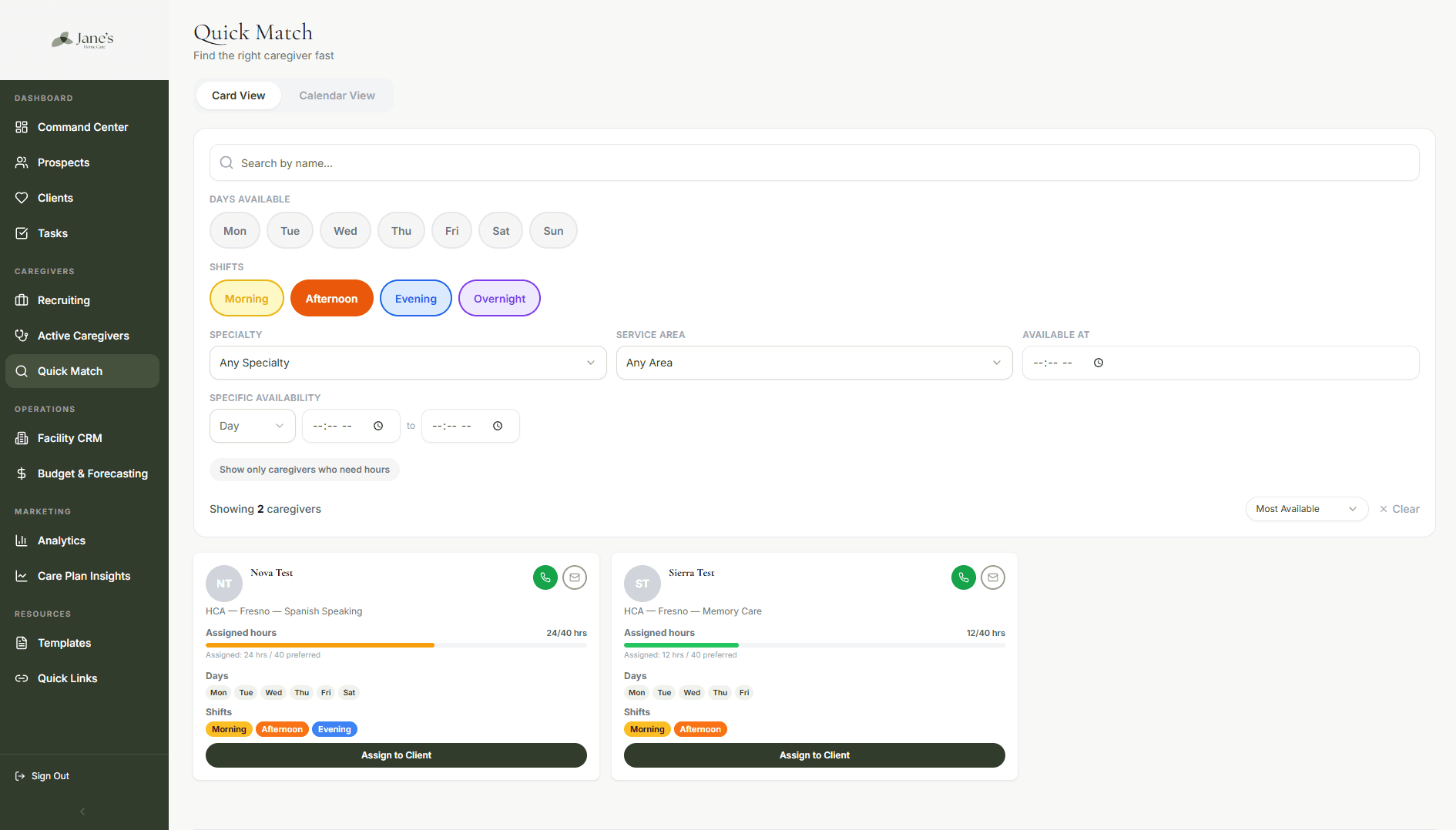 The caregiver Quick Match screen of the platform SARK built for Jane’s Home Care